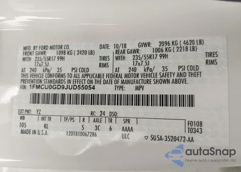 2018 Ford Escape Se from USA, damaged, VIN 1FMCU0GD9JUD55054